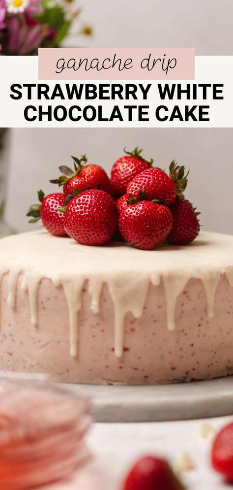 This strawberry white chocolate cake combines fluffy white cake layers, creamy white chocolate ganache filling, and fruity whipped freeze-dried strawberry ganache frosting to create a beautiful cake for Mother's Day, Valentine's Day, or any special occasion. Top it with juicy, fresh strawberries for even more flavor! Strawberry White Chocolate Cake, White Cake With Strawberry Filling, White Chocolate Strawberry Cake, White Chocolate Ganache Frosting, White Chocolate Ganache Filling, Strawberry Jam Cake, Fluffy White Cake, Strawberry Ganache, Strawberry White Chocolate