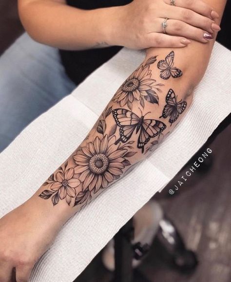 Sunflower Tattoo Sleeve, Arm Sleeve Tattoos For Women, Tato Henna, Boho Tattoos, Forarm Tattoos, Muster Tattoos, Inspiration Tattoos, Floral Tattoo Sleeve, Forearm Tattoo Women