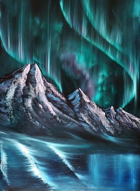 Aurora Mountain Painting, Mountains Northern Lights, Chalk Northern Lights, Painted Northern Lights, Northern Lights Mountains Painting, Oil Painting Northern Lights, Northern Lights Mural, Oil Pastel Northern Lights, Northern Lights Art Lesson