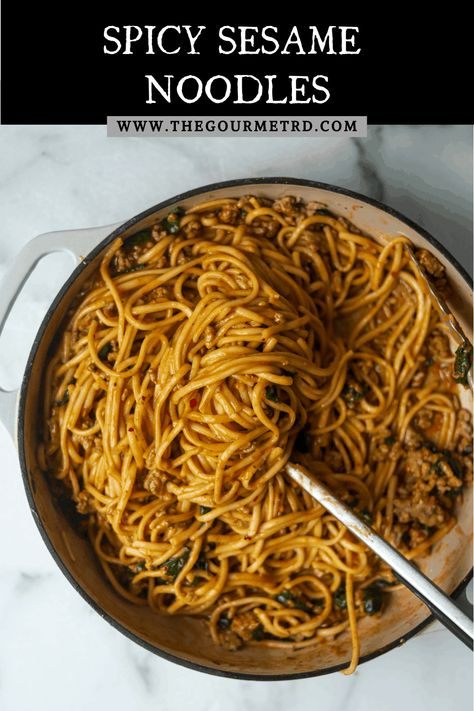 Spicy sesame noodles with ground pork, dark leafy greens and the best sesame chili sauce. Spicy Sesame Noodles, Thick Rice Noodles, Sesame Beef, Pork Dinners, Parrot Food, Sauteed Greens, Minced Pork, Sesame Noodles, Gluten Free Soy Sauce