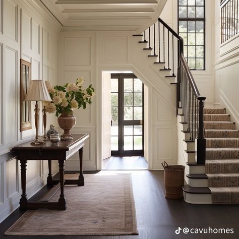 English Cottage Foyer, Modern Cottage Staircase, English Stairs, Stairs Curved, Classic Home Exterior, Classic Staircase, Colonial House Interior, Stair Paneling, Classical Interior Design