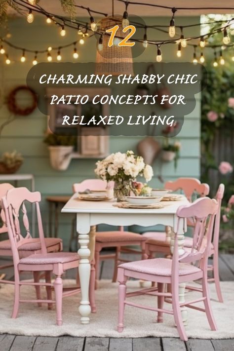 I absolutely adore creating cozy outdoor spaces! This beautiful shabby chic patio showcases soft pastel colors and vintage charm, perfect for enjoying a relaxed meal or gathering with friends. The twinkling lights and lovely floral centerpiece add a magical touch, making it an ideal retreat for leisurely summer evenings. Shabby Chic Patio Ideas, Cottage Patio Furniture, Cozy Outdoor Spaces, Pink Patio, Hollywood Regency Bedroom, Shabby Chic Patio, Country Patio, Chic Patio, Cottage Patio