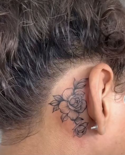 Behind Ear Tattoo Rose, Ear Tattoo Rose, Flower Behind Ear Tattoo, Flower Behind Ear, Back Ear Tattoo, Rose Tattoo Behind Ear, Flower Neck Tattoo, Flowers Tattoos, Behind Ear Tattoos