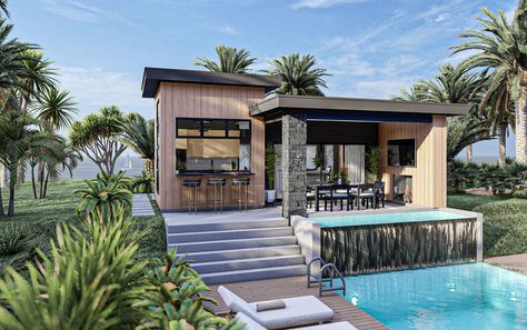 Plan No.702740 House Plans by WestHomePlanners.com Small Modern Tropical House Design, Philippine House, Outdoor Fireplace Plans, Modern Pool House, Mood Bored, Porch Fireplace, Pool House Plans, Backyard Office, Modern Pools