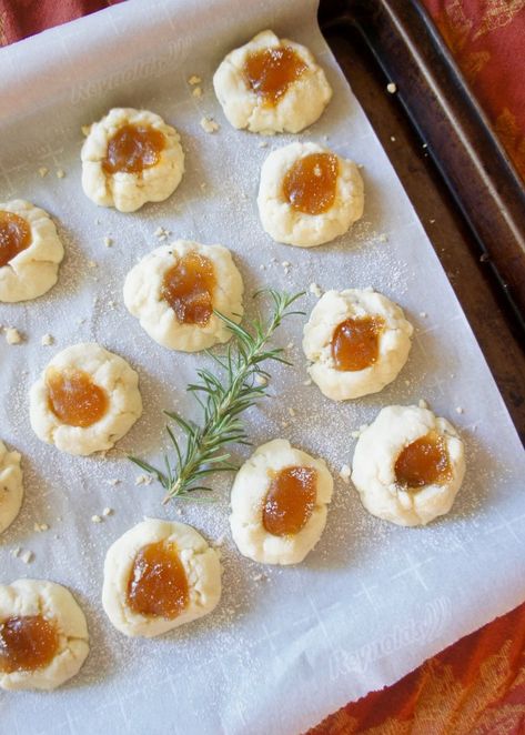 Apricot-Rosemary Thumbprint Cookies - A Love Letter To Food Mint Chocolate Candy, Unique Christmas Cookies, Jelly Cookies, Candy Cane Cookies, Dessert Spread, Thanksgiving Food, Pumpkin Chocolate Chips, Apricot Jam, Thumbprint Cookies