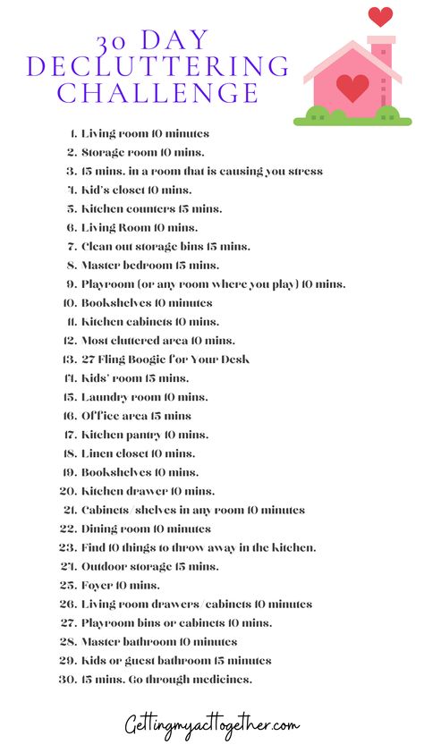 30 Day Decluttering Challenge for Beginners - Getting My Act Together Declutter List Printables, One Hour Declutter Challenge, Declutter List, Decluttering List, Decluttering Challenge, Declutter Checklist, Declutter Challenge, Decluttering Tips, Messy Room