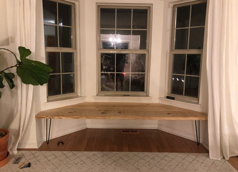 How To Make A Bay Window Seat, Bay Window Diy Bench, Bench For Window, Desk In A Bay Window, Easy Bay Window Bench Diy, How To Build A Bay Window Seat, Bay Window Kitchen Bench, Bench In Front Of Window Kitchen, Bench In Bay Window Kitchen