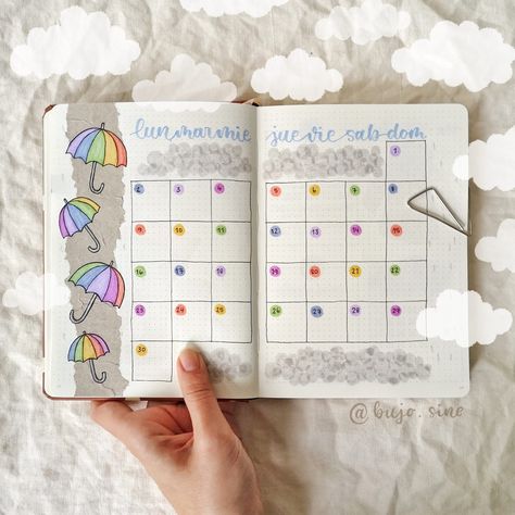 April Calendar Doodles, Rain Bullet Journal Theme, Bujo Themes Ideas, Umbrella Bullet Journal, Rain Bullet Journal, November Bullet Journal Calendar, April Calendar Ideas, Rainbow Bujo, April Monthly Spread