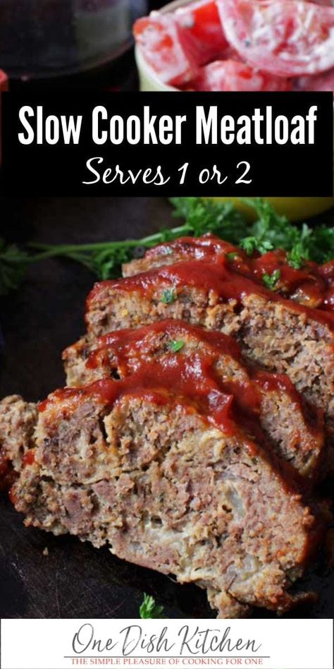 This Mini Crockpot Meatloaf is tender and juicy and so easy to make! Made with onions, garlic, spices and topped with a sweet and tangy sauce. This simple recipe makes the perfect amount to serve one or two people. Included in the recipe are instructions for converting a Crockpot or Crockpot style slow cooker into a single serving slow cooker. Meatloaf For One, Small Crockpot Recipes, Crockpot Recipes For Two, Crockpot Meatloaf Recipes, Crockpot Meatloaf, Slow Cooker Meatloaf, Batch Recipes, Single Serving Recipes, Hamburger Meat