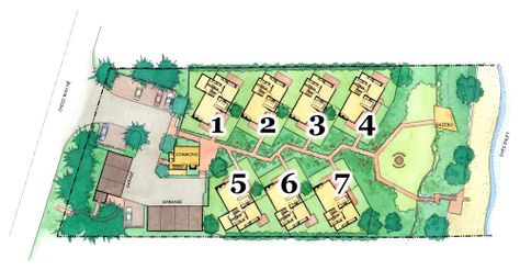 pocket neighborhood Site Plan Render Photoshop Architecture, Site Plan Rendering, Site Plan Drawing, Pocket Neighborhood, Site Plan Design, Cluster House, Resort Plan, Tiny House Village, Elevation Plan