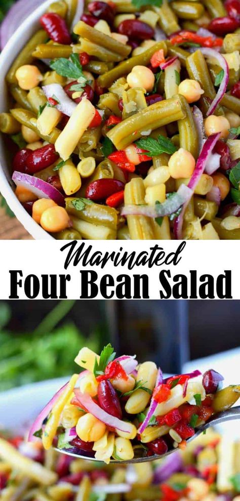 Bean Salad Recipes Healthy, Three Bean Salad Recipe, Four Bean Salad, Marinated Salad, Green Bean Salad Recipes, Bean Salad Recipe, Three Bean Salad, Salad Buah, Summer Side Dish