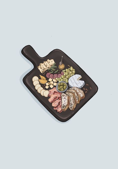 Charcuterie board illustration food art #art #food #foodart Charcuterie Board Artwork, Charcuterie Board Illustration, Charcuterie Board Drawing, Charcuterie Illustration, Bookshelf Painting, Illustration Food Art, Mini Charcuterie, Board Illustration, Platter Ideas