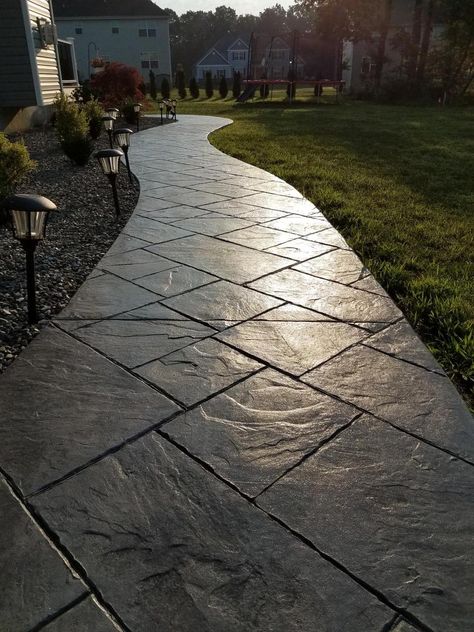 Stamped Concrete Slate - Creative Concrete LLC Stamped Concrete Walkway, Stamped Concrete Driveway, Concrete Backyard, Slate Patio, Log Home Living, Lake Houses Exterior, Texture And Pattern, Concrete Walkway, Concrete Overlay