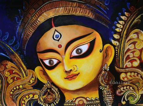 Durga Durga Ma, Canvas Art Painting Abstract, Ancient Indian Art, Ganesha Drawing, Alpona Design, Mughal Art Paintings, Buddha Art Drawing, Bengali Art, Durga Painting