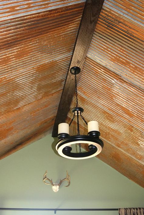 Barn tin ceiling.  Acid stain new galvanized tin to work when you don't have enough salvage material. Barn Tin Ceiling, Corrugated Tin Ceiling, Barn Wood Ceiling, Decorative Ceiling Panels, Tin Interior, Barn Tin, Corrugated Tin, Acid Stain, Rustic Ceiling