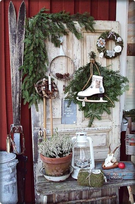 Ice Skates, Christmas Porch, Old Door, Christmas Decorations Rustic, Primitive Christmas, After Christmas, Noel Christmas, Vintage Christmas Decorations, Christmas Love