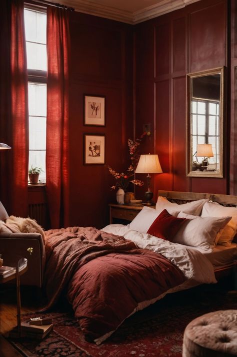 Burgundy And Blue Bedroom Ideas, Dark Red Walls Bedroom, Moody Red Bedroom, Red Bedroom Ideas For Couples, Red Bedroom Ideas For Boys, Red Walls Bedroom, Boys Red Bedroom, Deep Red Bedroom, Modern Red Bedroom