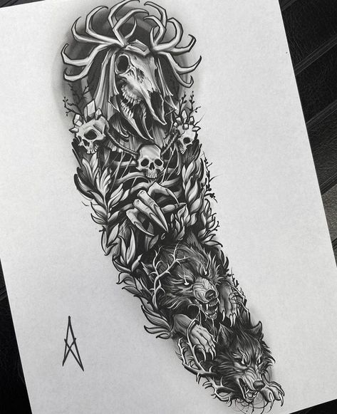 Tattoo By michal_hladik_art Four Horsemen Tattoo Design, Upper Half Sleeve Tattoos, Angel Sleeve Tattoo, Witcher Tattoo, Viking Tattoo Sleeve, Cool Tattoo Drawings, Full Sleeve Tattoo Design, Men Tattoos Arm Sleeve, Western Tattoos