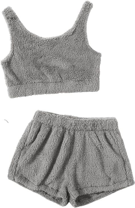 Verdusa Women's Fluffy Pajamas Set Loungewear Crop Tank Top and Shorts Sleepwear, Grey, Medium : Amazon.ca: Clothing, Shoes & Accessories Fluffy Pajamas, Fuzzy Pajamas, Elastic Waist Shorts Outfit, Shorts Sleepwear, Top With Shorts, Tank Top And Shorts, Trendy Bikinis, Cute Pajama Sets, Short Loungewear