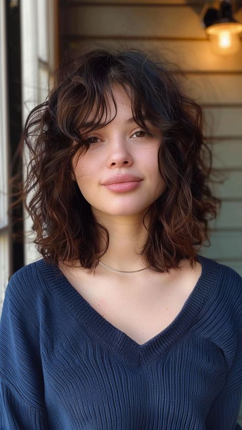 24 Curly Hairstyles for Round Faces to Steal the Spotlight Curly Hair Current Bangs, Medium Length Haircut With Bangs Curly, Best Haircut For Round Face Curly Hair, Short Wavy Haircuts Oval Faces, Few Hair Haircut, Haircuts For Curly Hair And Round Face, Short Hair Curly With Bangs, Haircuts For Round Face Curly Hair, Permed Hairstyles Short Hair