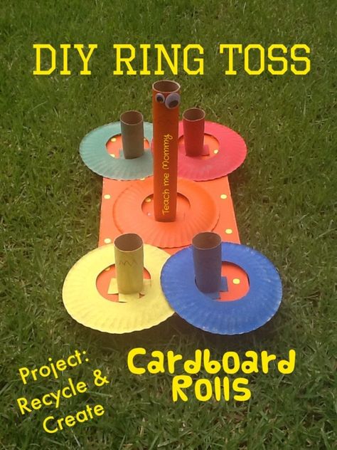 You don't even have to be outside for this fun, safe and recycled ring toss game! Learn how to make one yourself with "Teach Me Mommy." Rings Craft, Fun Rings, Cardboard Recycling, Ring Toss Game, Diy Ring, Games Kids, Ring Toss, Toss Game, Recycled Projects