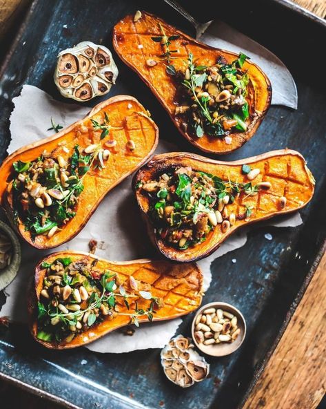 Stuffed Butternut Squash, Mushroom Filling, Stuffed Butternut, Vegetarian Mains, Baked Butternut Squash, Foods Ideas, Spinach Cheese, Baked Squash, Vegan Christmas Recipes