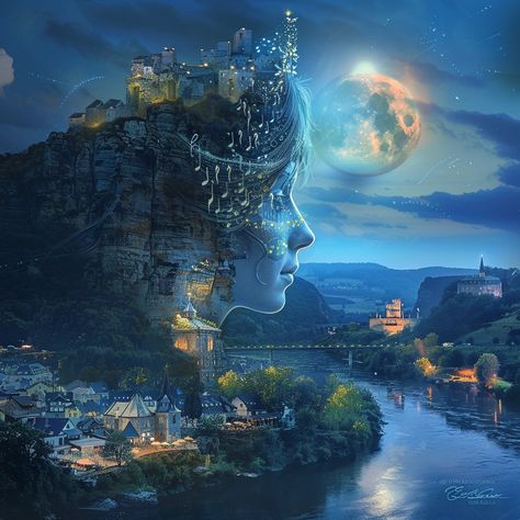 A vibrant scene of a progressive rock festival by the Rhine river, with the Loreley rock in the background. A goddess of progressive rock, adorned with a crown of musical notes, floats under the full moon. Her presence radiates music and magic, captivating the festival spirit. The illustration merges realism with fantasy, highlighting the connection between music, nature, and mythology. Created Using: detailed character design, realistic river and rock textures, glowing moon and musical notes, fantasy elements, vivid and lively colors, atmospheric lighting, sharp foreground with a soft-focus background, digital painting, hd quality, natural look --v 6 Character Design Realistic, Focus Background, Fantasy Elements, Atmospheric Lighting, Glowing Moon, Music Nature, Rock Textures, Rock Festival, Rhine River