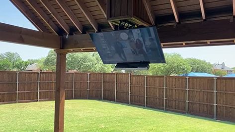 Tv Under Gazebo, Screened In Porch Tv Ideas, Tv Wall On Deck, Tv Mount Outside Patio, Outdoor Tv Ceiling Mount, Covered Patio Tv Ideas, Tv On Back Porch, Back Porch Tv Ideas, Outdoor Tv Mounting Ideas