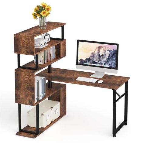 Brown/ Black Rotating L-Shaped Computer Desk, Corner Home Office Desk with Storage Shelf - Bed Bath & Beyond - 33503792 Corner Home Office, Office Desk With Storage, L Shaped Corner Desk, Desk Corner, Desk With Storage, Bookshelf Storage, Home Office Desk, Furniture Outlet Stores, Storage Shelf