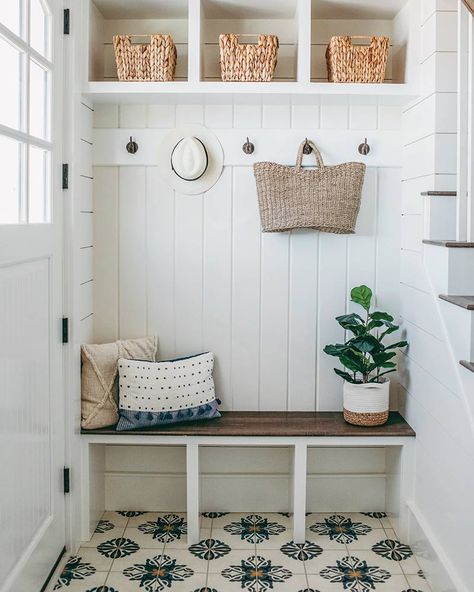 6 mudrooms designed to bring beauty and functionality to the home—follow the link! (Photography: Maria DeForrest, Interior designs: Marnie Oursler) https://thecottagejournal.com/6-mudrooms-designed-bring-beauty-functionality-home/ Cottage Mudroom, Pool Bathroom Ideas, House Pattern, Pool Bathroom, Minnesota Home, Pattern Tile, Mudroom Design, Declutter Your Home, Ship Lap Walls