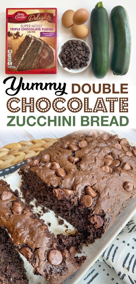 Super Moist Double Chocolate Zucchini Bread (Made with Cake Mix!) Zucchini Recipes With Heavy Cream, Box Mix Zucchini Brownies, Chocolate Chocolate Chip Zucchini Bread, Worlds Best Zucchini Bread, Savory Loaf, Zucchini Breads, Rolls Sandwiches, Double Chocolate Zucchini Bread, Zucchini Recipes Dessert