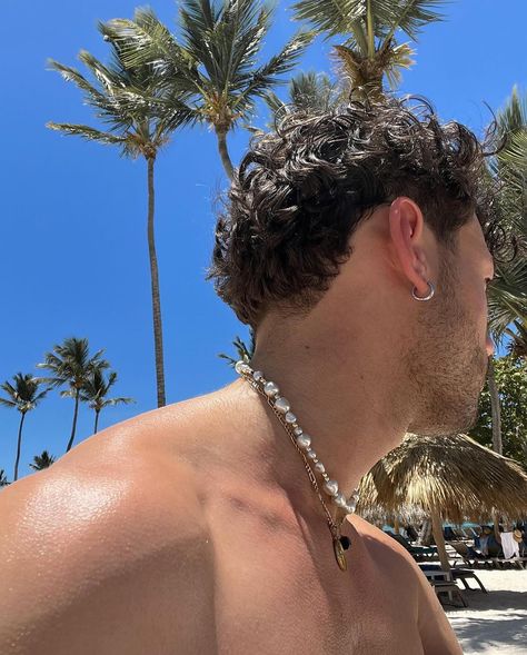 beach boy ——— tank top, summer knit, men’s accessories, pearls, summer outfits, spring outfit, beach outfit, rings, head scarf, pic inspo Beach Accessories For Men, Boys Tank Tops, Beach Tanks Tops, Beach Boy, Beach Tanks, Instagram Beach, Knit Men, Beach Accessories, Top Summer