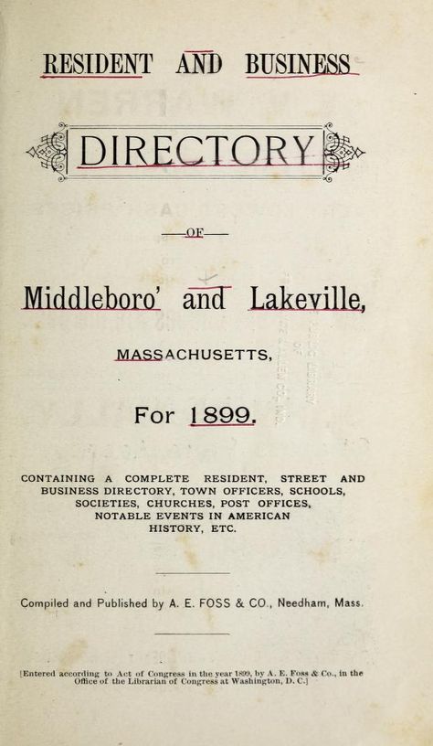 1899 Directory for Middleboro and Lakeville Massachusetts - http://www.accessgenealogy.com/massachusetts/1899-directory-middleboro-lakeville-massachusetts.htm Needham Massachusetts, Free Genealogy Records, Genealogy Free, Genealogy Records, My Town, Local History, Online Website, Post Office, Genealogy