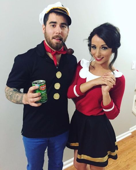 DIY Halloween Costumes for Couples - Popeye and Olive Oyl - Funny, Creative and Scary Ideas for Parties, College Party - Unique and Cute Project Idea for Disney Characters, Superhero, Movie Themes, Bonnie and Clyde, Homemade Costume Projects for Boyfriends - Quick Last Minutes Halloween Costume Ideas from Pinterest http://diyjoy.com/best-halloween-costumes-couples Popeye Halloween Costume, Olive Oyl Costume, Halloween Costume Ideas Diy, Popeye Costume, Unique Couples Costumes, Cool Couple Halloween Costumes, Diy Fantasia, Funny Crafts, Couples Costumes Creative