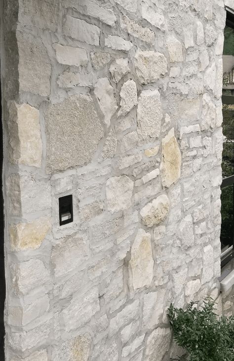 Lime Mortar Stone Wall, Texas Limestone Exterior, Over Grouted Stone Exterior, Stone With White Mortar, Stone Homes Exterior, Overgrouted Stone Exterior, Grey Stone House Exterior, Homestead Exterior, Natural Stone Exterior