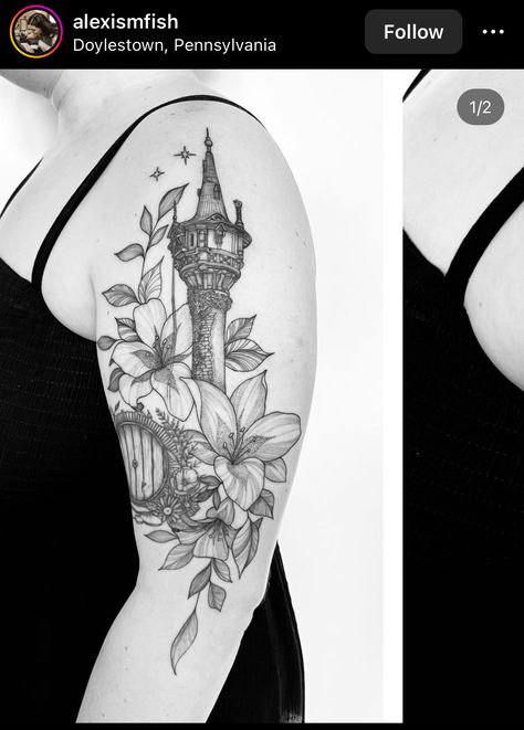 Tangled Tower Tattoo, Disney Tattoo Sleeves For Women, Tangled Tattoo Ideas, Rapunzel Tattoo Ideas, Tangled Flower Tattoo, Rapunzel Tattoo, Tangled Flower, Disney Sleeve Tattoos, Disney Sleeve