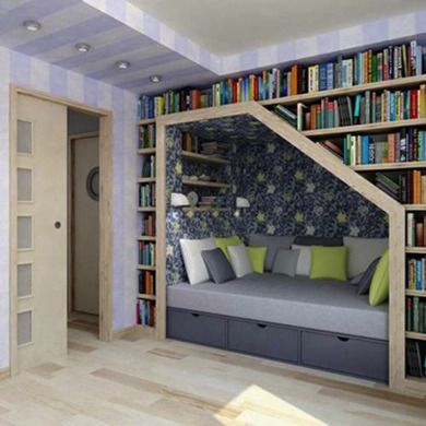 Cozy Book Shelves Under Stairs, Under The Stairs Library, Reading Nook Under The Stairs, Under Stairs Book Nook, Library Under The Stairs, Corridor Library, Reading Nook Under Stairs, Bookcase Nook, Library Staircase