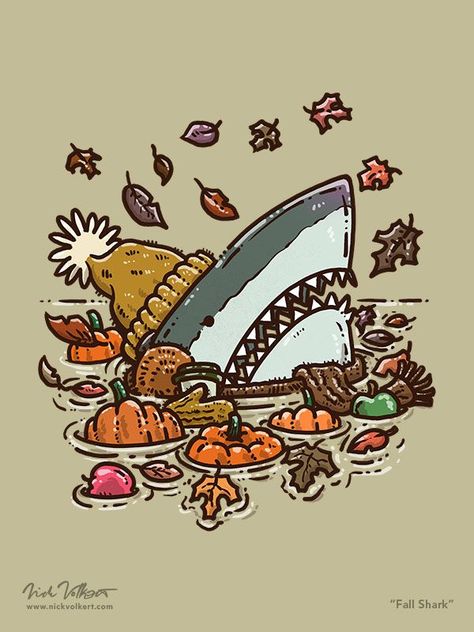 A shark peaks out of the water with a rosy nose, wearing a stocking cap, gloves, a scarf, surrounded by falling leaves Shark Background, Shark Halloween, Pumpkin Spice Lattes, Decorative Gourds, Shark Art, Mermaid Life, The Shark, Cute Pumpkin, Halloween Wallpaper