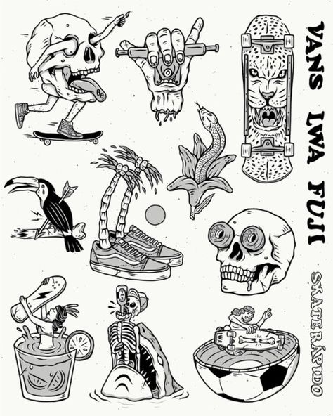 Skate Tattoo, Skateboard Tattoo, Skeleton Artwork, Surf Tattoo, Posca Art, Tattoo Portfolio, Tattoo Art Drawings, Tattoo Flash Art, School Tattoo