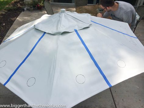 Upcycle an Old Patio Umbrella to a Beautiful Painted One! :: Hometalk Patio Umbrellas Diy, Easy Throw Pillows, Picture Frame Wainscoting, Hanging Solar Lights, Large Glass Jars, Iron Patio Furniture, Umbrella Painting, Chalk Paint Makeover, Shiplap Wall Diy