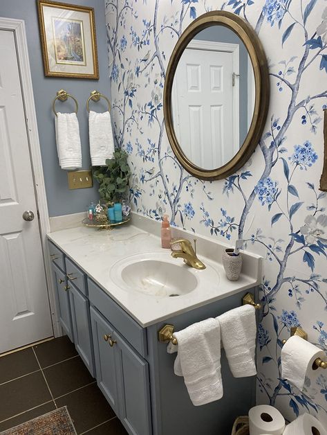 Whimsical Bathroom Ideas, Floral Bathroom Ideas, Blue Toile Wallpaper, White And Blue Bathroom, Whimsical Bathroom, Toile Wallpaper, Mirror Lights, Floral Bathroom, Blue Toile