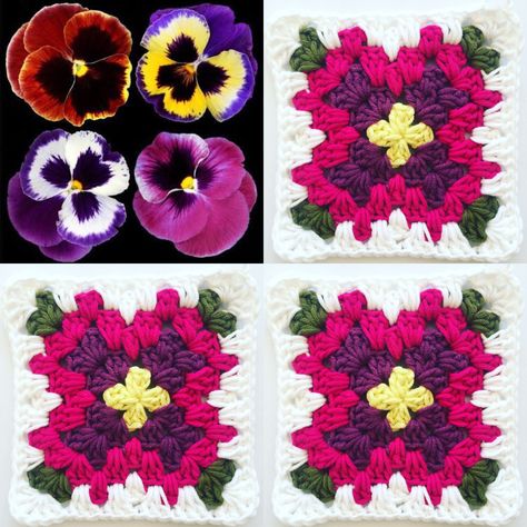 Crochet Flower Granny Square Pattern, 100 Crochet Stitches, Crochet Granny Squares, Crochet Flower Blanket, Pansy Flowers, Flower Granny Square, Pansy Flower, Crochet Geek, Crochet Coaster Pattern