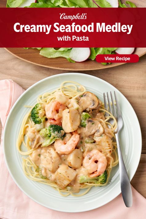 Recipes Using Campbells Cream Of Shrimp Soup, Cream Of Shrimp Soup Recipes Campbells, Campbells Cream Of Shrimp Soup Recipes, Cream Of Shrimp Soup, Shrimp Pasta Sauce, Shrimp Broccoli Pasta, Campbell's Recipes, Scallops And Shrimp, Shrimp Soup Recipes