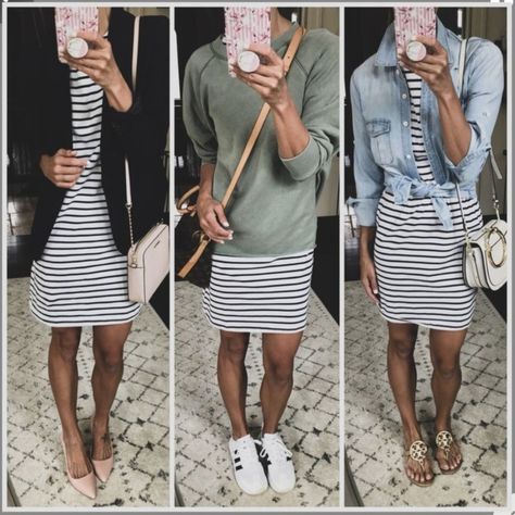 Summer Tshirt Dress Outfits, Styling Tshirt Dress, Styling A Tshirt Dress, How To Wear A Tshirt Dress, Tshirt Dress Fall, How To Style A Tshirt Dress, Striped Dress Fall, Striped Dress Outfit, Tshirt Dress Outfit