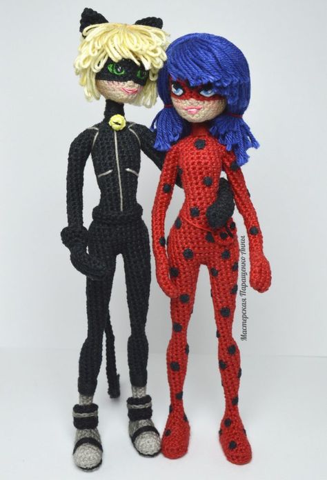 Miraculous Crochet Amigurumi of Ladybug and Cat Noir – So Good! | KnitHacker Crochet Ladybug, Ladybug And Cat Noir, Confection Au Crochet, Crochet Doll Pattern, Knitted Dolls, Cat Noir, Lady Bug, Crochet Patterns Amigurumi, Crochet Dolls