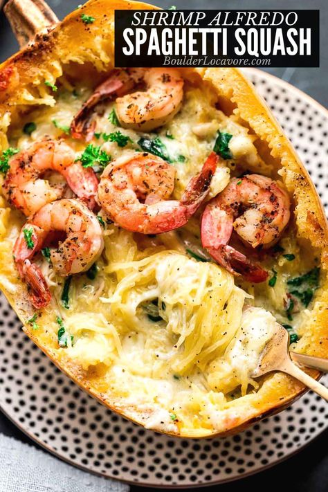 Spaghetti Squash And Fish Recipes, Spaghetti Squash And Salmon Recipes, Seafood Spaghetti Squash, Shrimp Alfredo Spaghetti Squash, Spaghetti Squash Recipes Shrimp, Healthy Shrimp Alfredo Recipe, Spaghetti Squash Recipes With Shrimp, Shrimp Alfredo Sauce, Shrimp Spaghetti Squash