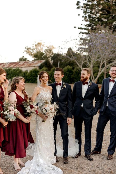 Black And Red Wedding Party Attire, Burgundy Bridal Party, Gabbinbar Homestead, Outside Wedding Ceremonies, Burgundy Bridesmaids, Bridal Campaign, Modern Bridal Party, Burgundy Wedding Theme, Maroon Bridesmaid