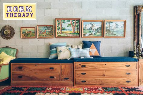 9 Fun Ways to Decorate Those Drab Cinder Block Dorm Walls | Apartment Therapy Decorate Cinder Block Walls, Cinder Block Walls, Thrifted Home, Thrifted Home Decor, Dorm Walls, Bedroom Photos, Loft House, Cinder Block, Block Wall