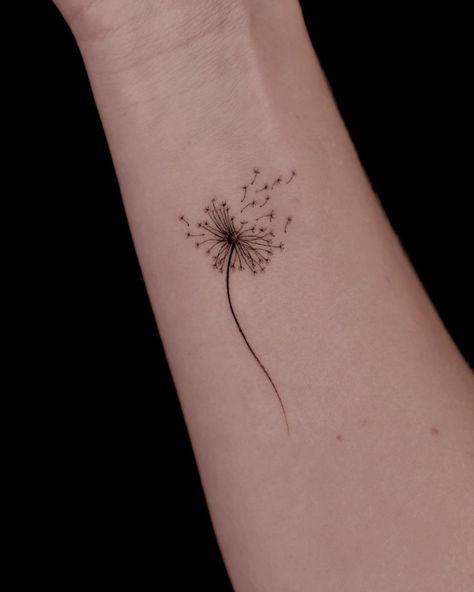 Masha S • Fine Line Tattoo • New York City | Tiny & feminine - Dandelion in Fine Line Tattoo Size - less than 2 inch; Single needle - 0.35 1RL; Inquiries & Booking: Link in Bio… | Instagram Tattoos For First Timers, Tattoo New York, Minimalist Cat Tattoo, First Tattoos, Small Feminine Tattoos, Brooklyn Tattoo, Tattoo New, Tan Tattoo, New York Tattoo