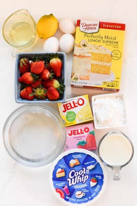 Strawberry Lemonade Poke Cake • Dance Around the Kitchen Strawberry Lemonade Poke Cake Recipe, Lemonade Poke Cake Recipe, Strawberry Lemonade Poke Cake, Lemonade Cake Recipe, Strawberry Lemonade Cake, Strawberry Lemon Cake, Pumpkin Poke Cake, Poke Cake Lemon, Strawberry Poke Cakes